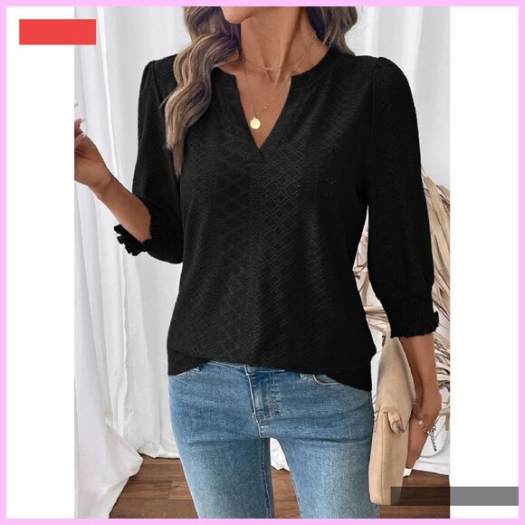 Women's 3/4 Sleeve V-Neck Blouse Hollow Out Business Casual Top - Picture 4 of 4